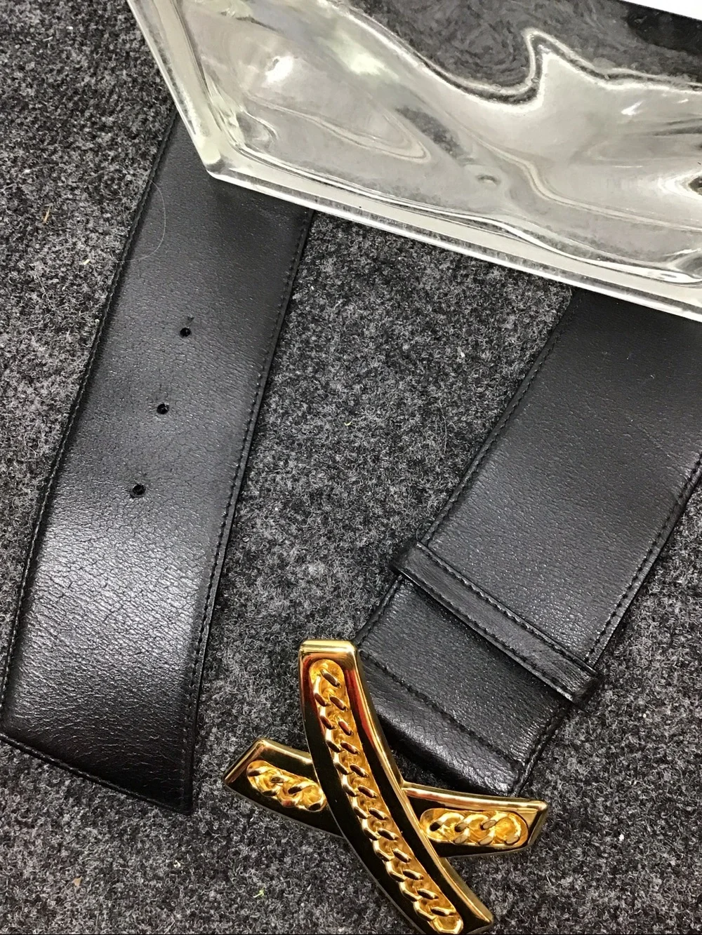 Vintage Paloma Picasso Italy wide black leather belt gold chain X buckle L